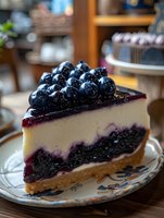 Slice of creamy cheesecake topped with fresh blueberries and blueberry sauce on graham cracker crust, served on decorative plate. Close up food photography.