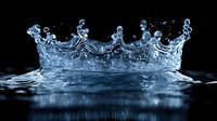 Crown-shaped water splash with detailed droplets and ripples captured in high-speed photography against dark background, creating royal crown illusion in liquid form.