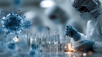 Medical researcher in protective equipment conducting laboratory tests with virus visualization in foreground, representing scientific research in virology and epidemiology.