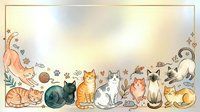Cute cats and kittens in various colors and poses arranged in a decorative border frame with playful elements, isolated on cream background for greeting cards, invitations, and children's designs.