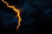 Bright lightning bolt strikes through dark stormy sky with glowing golden electric discharge against dramatic night background with stars and clouds.