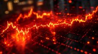 Glowing red stock market chart showing dramatic price movements with bokeh light effects on dark background, financial data visualization concept.