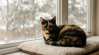Tabby cat resting on windowsill cushion, gazing outdoors at snowy winter landscape through glass window. Cozy indoor pet scene.