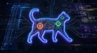 Futuristic neon cat silhouette with glowing circuit patterns and digital interface elements on dark tech background for cyberpunk design projects.