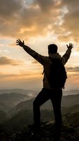 Silhouette of male hiker with raised arms celebrating success on mountain peak at golden sunset with dramatic cloudy sky and valley landscape below.