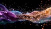 Magical cosmic flow with glowing particles and colorful nebula waves in purple, orange and blue hues against dark space background. Dreamy abstract design.