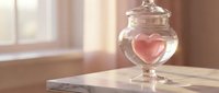 Pink heart floating in clear glass jar on wooden surface with soft natural window light creating romantic atmosphere for love concepts.