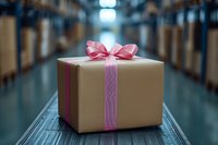 Kraft paper gift box with pink satin ribbon and bow on conveyor belt in warehouse storage facility. Selective focus on present against blurred background.