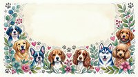 Adorable puppies border frame with floral elements and paw prints on cream background for pet-themed designs and greeting cards.