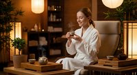 Young Caucasian woman in white bathrobe enjoying tea ceremony in cozy spa interior with warm lighting and wooden furniture for wellness relaxation.