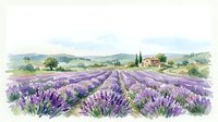 Watercolor lavender field landscape with purple blooming rows, rustic farmhouse, cypress trees, and rolling hills in soft pastel tones.