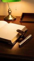 Classic banker desk lamp with green shade illuminating open notebook and fountain pen on wooden desk for professional office workspace and business writing.