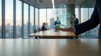 Businessman holding holographic digital interface display on tablet in modern office with city skyline view, representing technology innovation and business solutions.