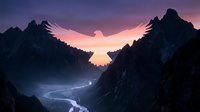 Majestic mountain valley at sunset with winding river and dramatic peaks under purple pink sky. Epic landscape scenery for outdoor adventure travel concepts.