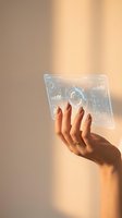 Woman's hand holding a glowing transparent digital tablet with futuristic holographic data dashboard interface in warm sunlight.