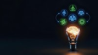 Glowing light bulb with green energy icons floating above on dark background representing sustainable innovation and eco-friendly technology solutions.