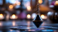 Metal pendulum swinging over reflective surface with soft bokeh lights in background creating mystical atmosphere for meditation and spiritual practices.