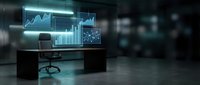 Futuristic office workspace with glowing neon data analytics charts and graphs displayed on holographic screens above desk, suitable for business technology and financial analysis concepts.