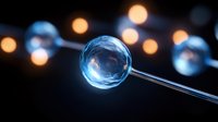 Glowing blue sphere held by glass rod with bokeh lights in background, representing science, technology, innovation, and laboratory research concepts.