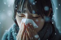Young Asian woman with closed eyes blowing nose in tissue during winter season, depicting cold and flu concept in atmospheric snowy setting.