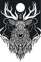 Mystical deer head with ornate tribal patterns, antlers, and moon symbol on black background. Decorative white line art design suitable for tattoo, apparel, and wall art.