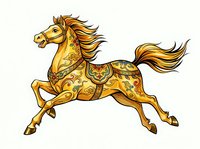 Ornate golden horse with flowing mane and decorative patterns galloping in profile. Isolated clipart suitable for t-shirts, logos, and design projects.