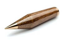Luxury wooden pen tip with gold-colored metal nib against white background, macro shot showing fine craftsmanship and natural wood grain texture detail.