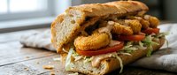Gourmet sandwich with crispy fried chicken, fresh vegetables and herbs on artisan bread, served on rustic wooden table for food photography and menu design.
