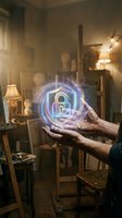 Hands holding glowing digital security shield with lock icon in vintage workshop interior with warm lighting and wooden furniture for cybersecurity concepts.