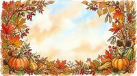 Watercolor autumn frame with pumpkins, fox, squirrel, berries, and colorful fall leaves on a soft sky background, perfect for seasonal cards.