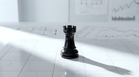 Black chess rook on white grid surface with architectural blueprints and financial charts in background, symbolizing strategy, planning and business decision-making for corporate concepts.