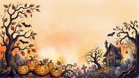 Spooky Halloween scene with carved pumpkins, bats, haunted house and autumn trees creating festive border frame for seasonal designs and decorations.