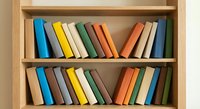 Colorful books arranged on wooden bookshelf shelves creating organized library display for education, reading and knowledge concepts in home or office setting.