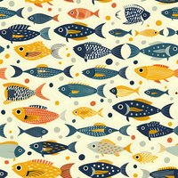 Seamless pattern with decorative fish in navy blue, orange and yellow colors on cream background with dots. Marine life repeat design for fabric and paper.