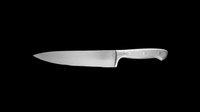 Stainless steel chef knife with gray handle isolated on transparent background, ready for clipart, t-shirt design, print-on-demand products, sublimation, and kitchen-related graphics.