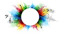 Colorful music explosion with white circle frame featuring musical notes, treble clef and sound waves in rainbow watercolor splash design for creative projects.