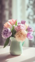 Pastel bouquet of peonies and tulips in mint ceramic vase on windowsill with soft natural light creating romantic atmosphere.