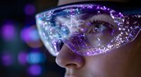 Young woman wearing futuristic smart glasses with holographic data display and digital interface projections for augmented reality technology concepts.