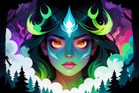 Mystical forest spirit with glowing eyes and ethereal horns surrounded by luminous aurora and misty pine trees against dark starlit sky. Fantasy art concept.