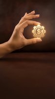 Hand holding glowing dollar sign gear icon against dark background, representing financial management, business strategy, cost control, and money optimization for corporate concepts.