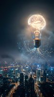 Glowing lightbulb with brain filament floating above illuminated city skyline at night, representing innovation, creativity and bright ideas in business.