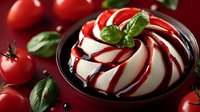 Fresh mozzarella burrata cheese with balsamic glaze drizzle, cherry tomatoes and basil leaves served in dark ceramic bowl on burgundy background.