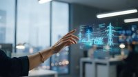 Professional hand interacting with holographic digital interface displaying futuristic data visualization and analytics in modern office environment.