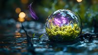 Magical glass sphere with glowing moss and floating purple feather against dark background with bokeh lights, creating ethereal nature photography atmosphere.