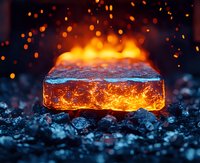 Glowing hot metal ingot on burning coals with orange sparks flying in dark background, dramatic metallurgy process captured in intense macro photography.