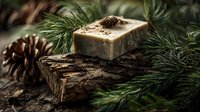 Handmade natural soap bars with pine needles and cones on rustic wooden surface for organic skincare and spa treatments.