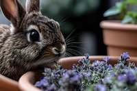 Close up portrait of curious brown rabbit peeking at purple lavender flowers in terracotta pot, against blurred garden background, showing detailed fur and whiskers.