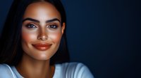 Young Hispanic woman with glowing bronzed makeup and radiant smile against dark background, wearing light blue top. Professional beauty portrait showcasing natural cosmetics look.