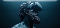 Bearded man wearing virtual reality headset in dramatic blue lighting, profile view showing detailed facial features and modern VR technology for gaming and simulation.