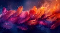 Magical floating feathers in vibrant orange and purple colors against starry night sky background, glowing with ethereal light and cosmic atmosphere.